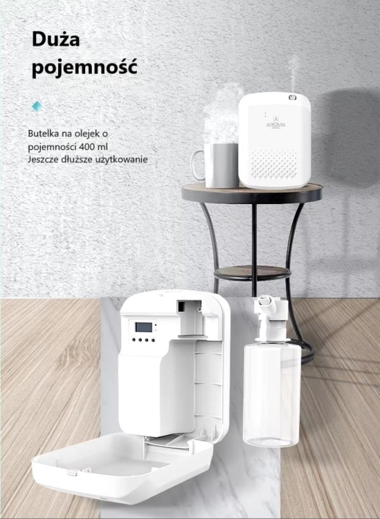 Dyfuzor zapachowy Aroma Smart Diamond White – wnętrze i butelka olejku 400 ml
